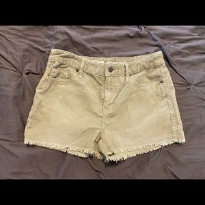 Camo green, freyed, corduroy shorts. Very soft
